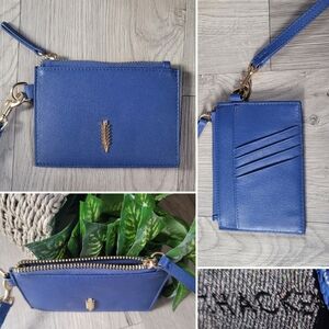 Thacker Amber Blue 100% Leather Wristlet Gold Accents Zipper Closure, 5" x 3.5"